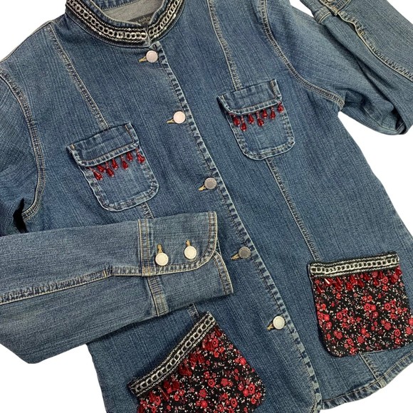 Denim Jacket Red & Black Floral w/Beaded Chain Trim Boho Banana Republic Large - Picture 2 of 14